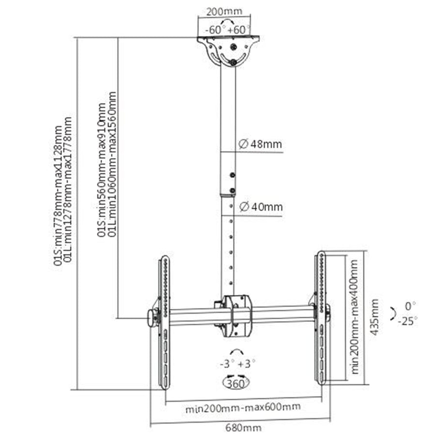 BRATECK 37''-70'' Ceiling Mount Bracket Max Load: 50Kgs VESA support up to: 600x400.