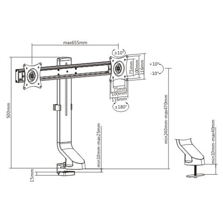 BRATECK LDT21-C02 - 17-27'' Dual monitor desk mount Sit/Stand workstation Compatible. Max load 7Kgs.