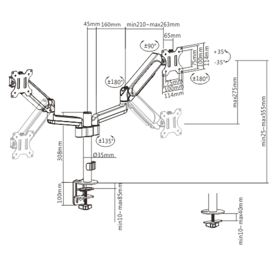 BRATECK LDT48-C024 - 17''-32'' Pole-Mounted Gas Spring Dual Monitor Desk Mount Bracket w/ Detachable Plate