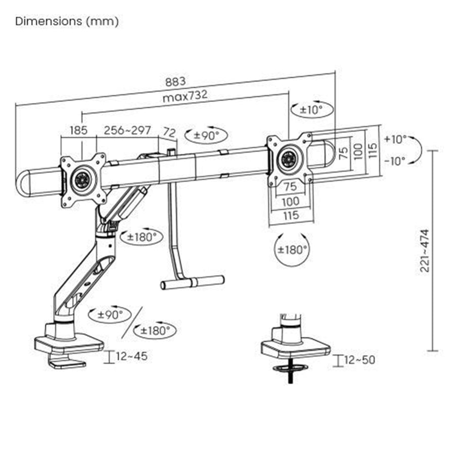 BRATECK LDT81N-C022 - 17''-32'' Gas Spring Dual Monitor Arm. Detachable VESA Built-in Cable