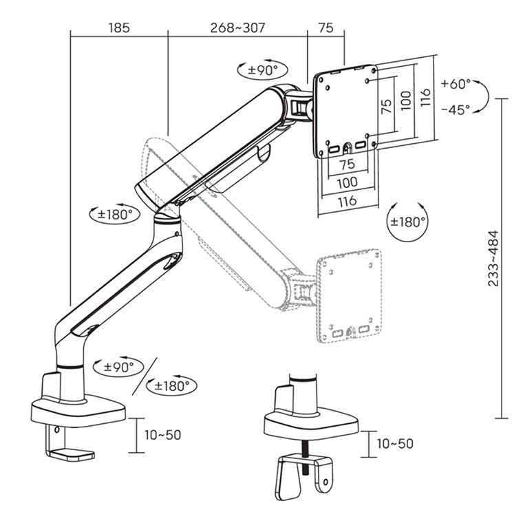 Brateck LDT118-C012-B 17"-40" Elite Single Screen Mechanical Spring Monitor Arm. Max Load 11Kgs, Black