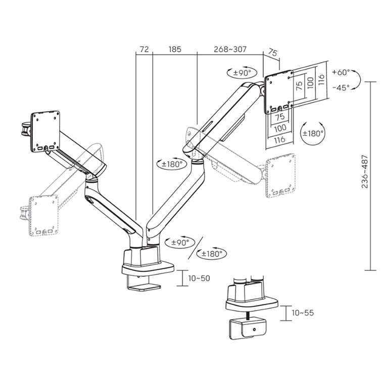 BRATECK 17"-35" Elite Dual Screen Mechanical Spring Monitor Arm. Max Load 2x 11Kgs, White