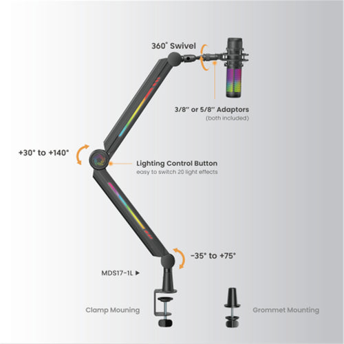 KONIC KMA-21L Black Aura RGB Microphone Arm Stand Desktop Mount - Included 3/8" or 5/8" Adaptors