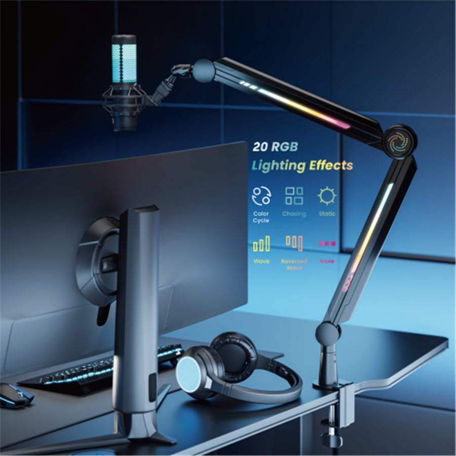 KONIC KMA-21L Black Aura RGB Microphone Arm Stand Desktop Mount - Included 3/8" or 5/8" Adaptors