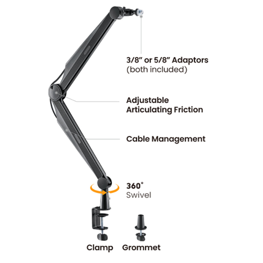 KONIC KMA-21B Armoured Microphone Arm Stand Desktop Mount - Included 3/8" or 5/8" Adaptors