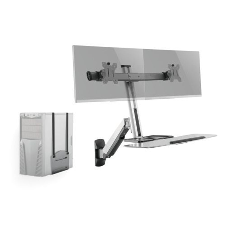 KONIC 13"-27" Dual Monitor Wall Mount Stand With Keyboard Tray - With CPU Holder - Gas Spring Floating Sit-Stand Desk Converter
