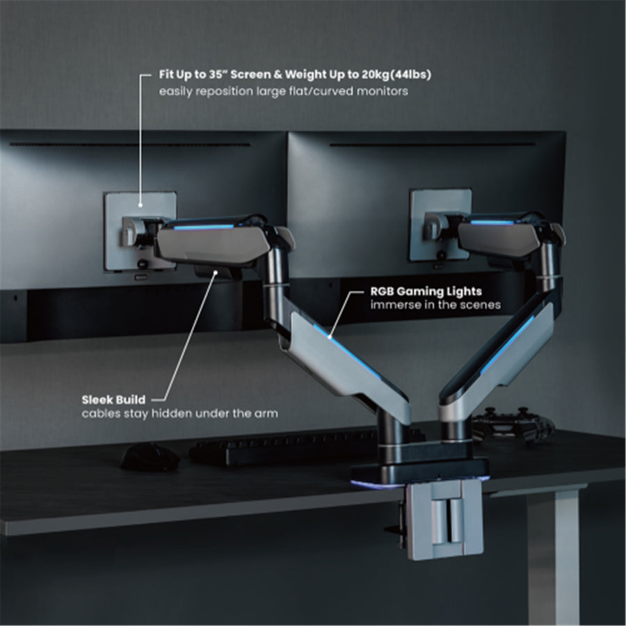 KONIC Dual Heavy Duty RGB Gaming Monitor Desk Stand - Fits Screen up to 17"-35" - Weight Capacity 2-20kg
