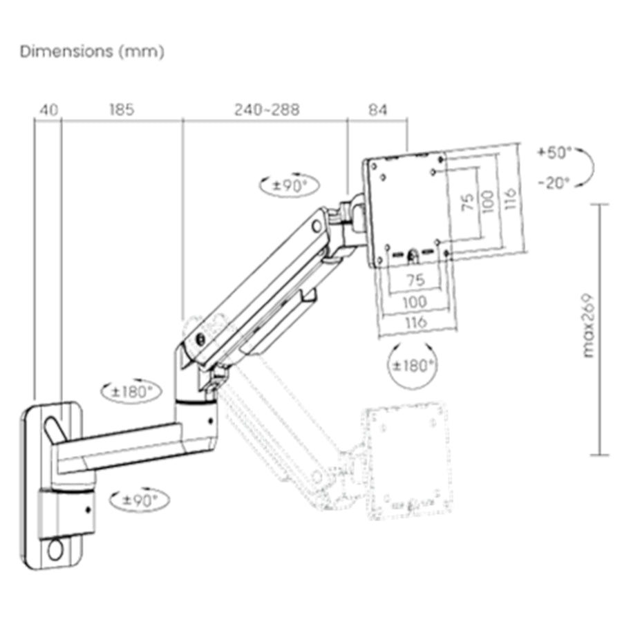 KONIC Heavy-Duty Gas Spring Monitor Wall Mount - Fits Screen up to 17"-49" - Weight Capacity 2-20kg