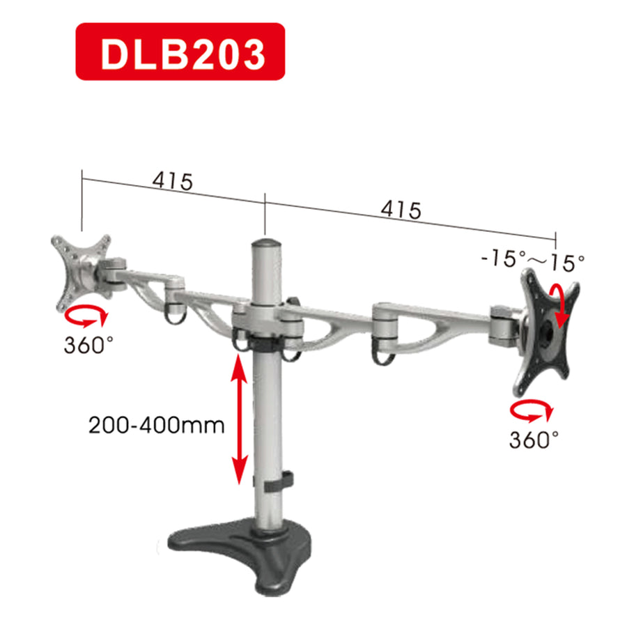 Loctek Eco Mount Dual Monitor 10"-27" Desk Mount, Ergonomic Swivel 360deg Arm - Tilt 15deg - Max Load 8kg Per Arm - VESA 75 & 100mm - Lift 200-400mm - Clamp Or Grommet Installation - 5 Years Warranty