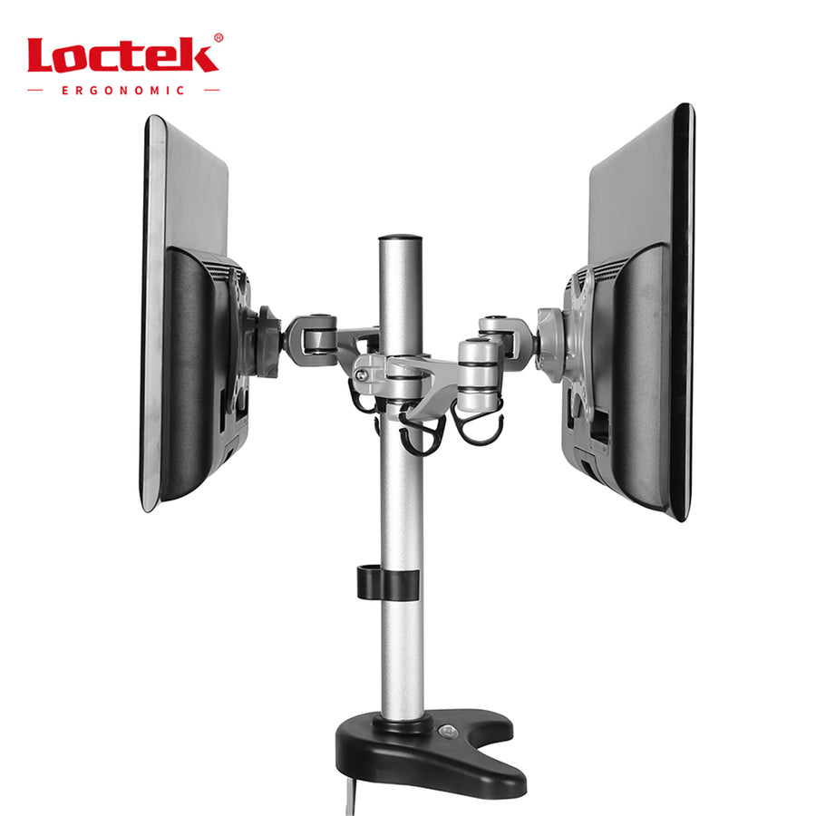 Loctek Eco Mount Dual Monitor 10"-27" Desk Mount, Ergonomic Swivel 360deg Arm - Tilt 15deg - Max Load 8kg Per Arm - VESA 75 & 100mm - Lift 200-400mm - Clamp Or Grommet Installation - 5 Years Warranty