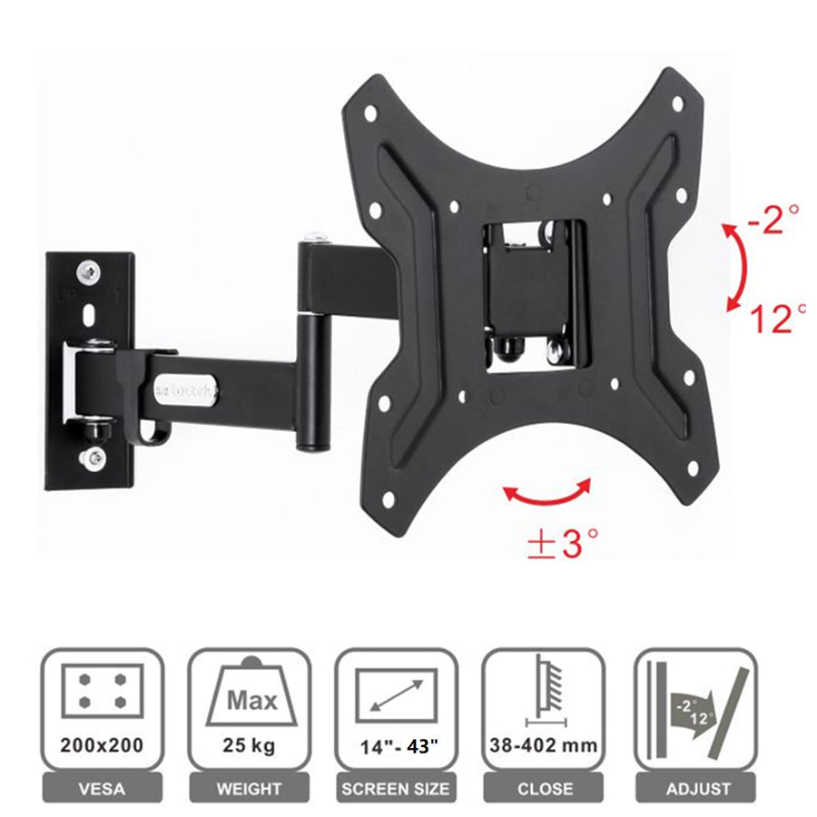 Loctek Pro Mount, 14"-43" Full Motion TV Wall Mount - Max Load 25kg - Max VESA 200x200mm - Tilt -2+12deg - Swivel -90 +90deg. - TV To Wall 38-402mm - 5 Years Warranty