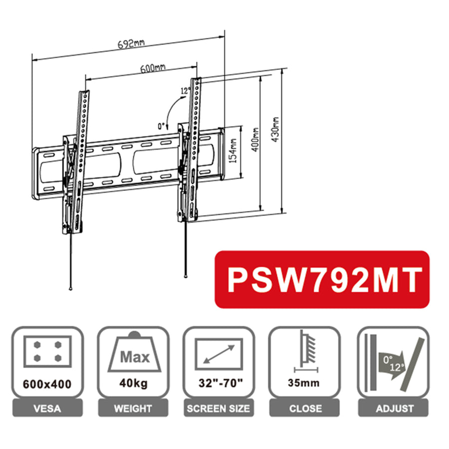 Loctek Eco Mount, 32"-70" Tilt TV Wall Mount - Max Load 40 kg - Max VESA 600x400mm - Tilt Angle 0+12deg - TV To Wall 35mm - 5 Years Warranty.