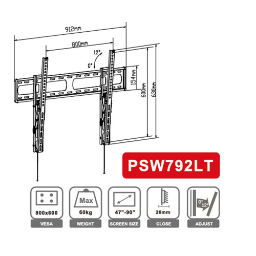 Loctek Eco Mount, 47"-90" Tilt TV Wall Mount - Max Load 60KG - Max VESA 800x600 - Tilt Angle 0 +12deg - TV To Wall 26mm - 5 Years Warranty