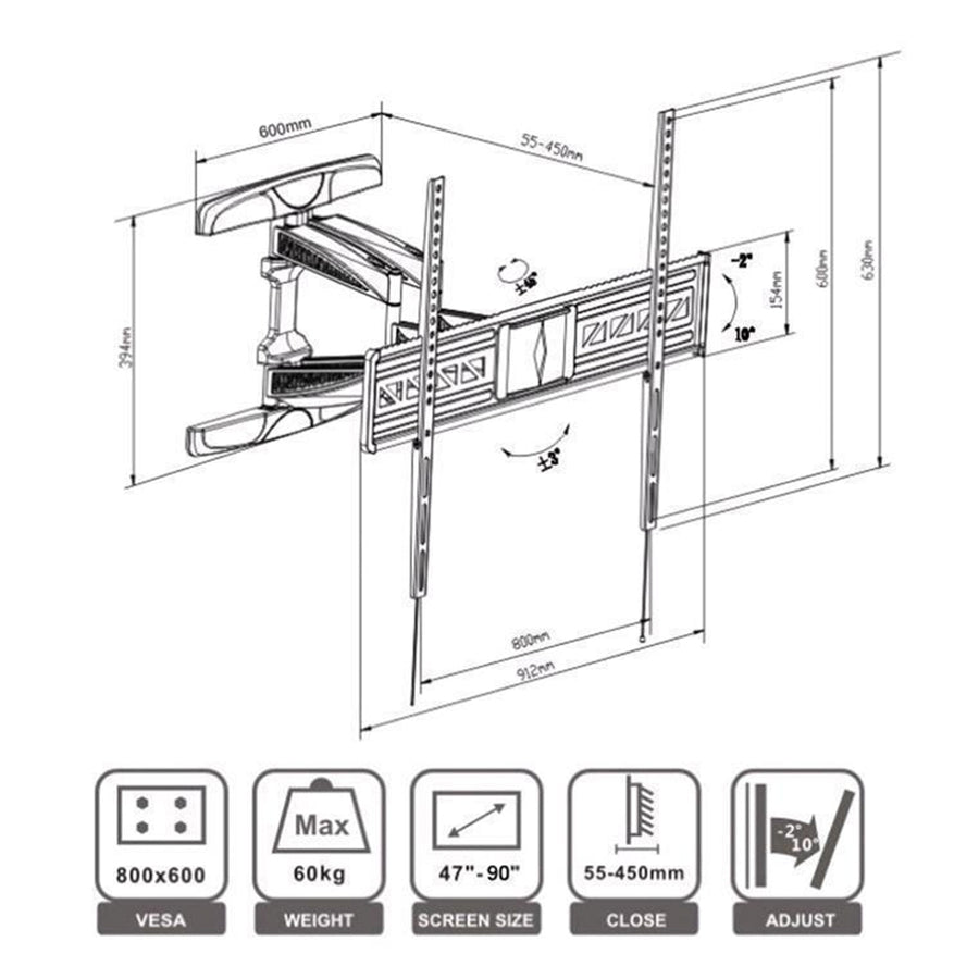 Loctek Pro Mount, 47"-90" Full Motion TV Wall Mount - Max Load 60 kg - Max VESA 800x600mm - Tilt -2 +12deg - Swivel -45 +45deg. - TV To Wall 55-450mm