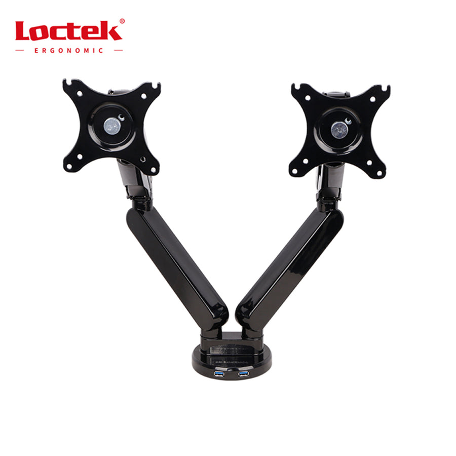 Loctek Pro Mount, 10"-30" Dual Gas Spring Monitor Stand - Aluminum Black - Dual USB 3.0 Port - VESA 75 & 100mm - Max Load 9kg - 5 Years Warranty