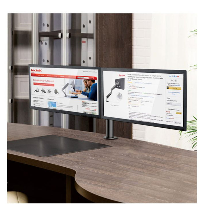 Loctek Eco Mount 10"-30" Dual Monitor Stand - Steel Tube - Black - VESA 75 & 100mm - Max Load 10KG - Height Adjust 200-400mm - Grommet or Clamp Installation