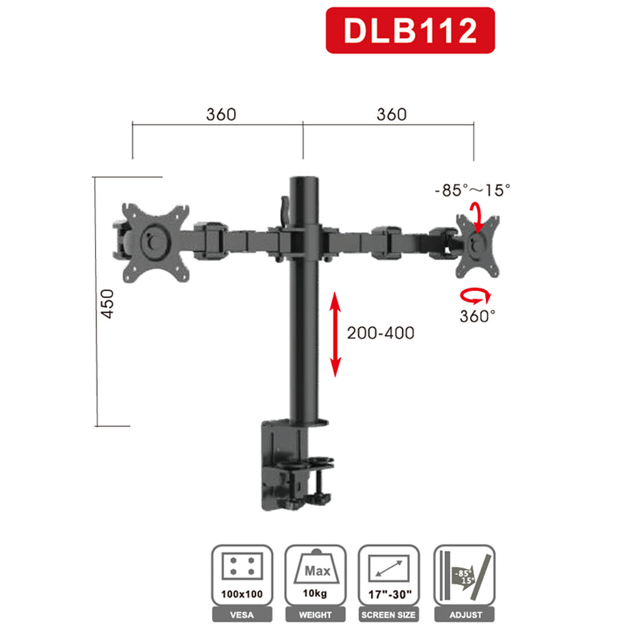 Loctek Eco Mount 10"-30" Dual Monitor Stand - Steel Tube - Black - VESA 75 & 100mm - Max Load 10KG - Height Adjust 200-400mm - Grommet or Clamp Installation