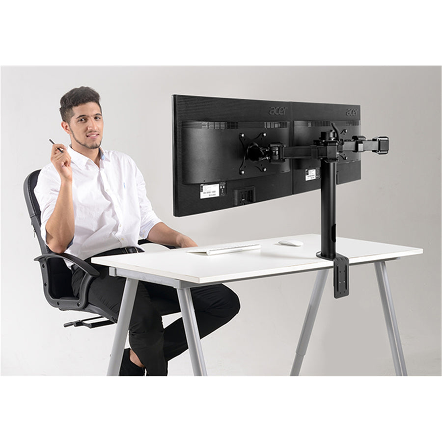 Loctek Eco Mount 10"-30" Dual Monitor Stand - Steel Tube - Black - VESA 75 & 100mm - Max Load 10KG - Height Adjust 200-400mm - Grommet or Clamp Installation
