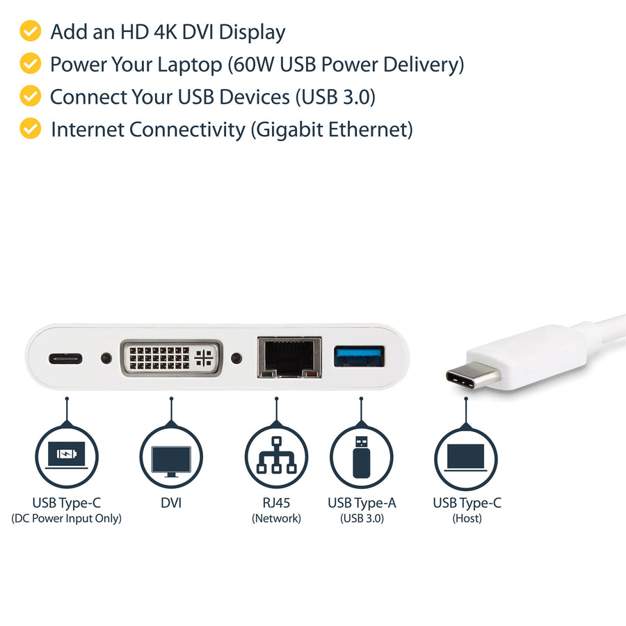 StarTech.com DKT30CDVPD USB C Multiport Adapter - USB-C to DVI-D (Digital) Video Adapter with 60W Power Delivery Passthrough Charging, GbE, USB-A - Portable USB Type-C/Thunderbolt 3 Mini Laptop Dock