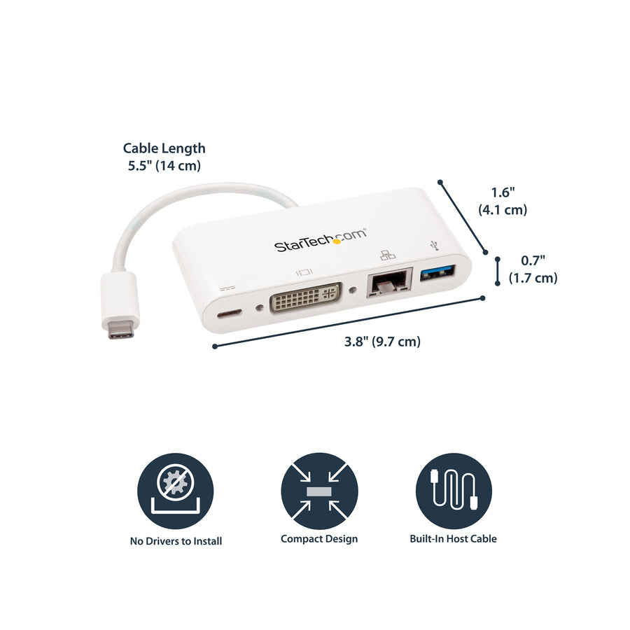StarTech.com DKT30CDVPD USB C Multiport Adapter – USB-C-auf-DVI-D (Digital)-Videoadapter mit 60-W-Power-Delivery-Passthrough-Ladefunktion, GbE, USB-A – tragbares USB Type-C/Thunderbolt 3 Mini-Laptop-Dock