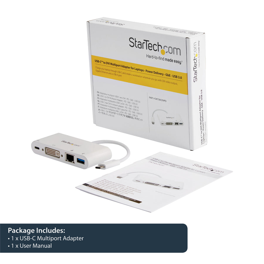 StarTech.com DKT30CDVPD USB C Multiport Adapter – USB-C-auf-DVI-D (Digital)-Videoadapter mit 60-W-Power-Delivery-Passthrough-Ladefunktion, GbE, USB-A – tragbares USB Type-C/Thunderbolt 3 Mini-Laptop-Dock