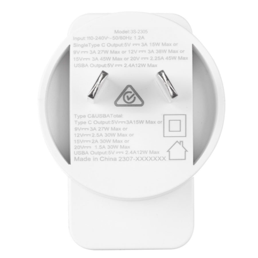 3sixT Wall Charger ANZ 45W USB-C PD + 2.4A - White