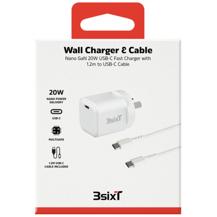 3S-2623 - 3sixT Wall Charger GaN 20W USB-C PD + USB-C to USB-C - W