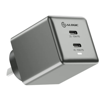 Das Alogic WCG2X70SGR-ANZ 2X70 Rapid Power 70W GaN Ladegerät – 2xUSB-C kann eine Vielzahl von USB-C-Geräten mit mittlerem Stromverbrauch aufladen, darunter MacBook Airs, iPads, Nintendo Switch oder sogar Notebooks/Laptops.