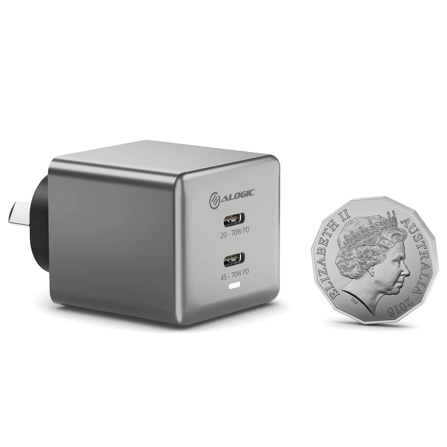 Alogic WCG2X70SGR-ANZ 2X70 Rapid Power 70W GaN Charger - 2xUSB-C can charge a variety of mid-power USB-C devices, including MacBook Airs, iPads Nintendo Switch or even notebook/laptops