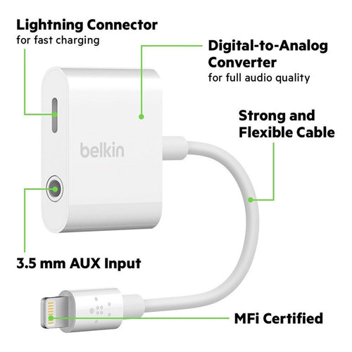 Belkin Lightning to 3.5 mm Audio + Charge RockStar Adapter MFi Certified, Enables 3.5 mm Aux Headphones and Lightning Charger Input at the Same Time! Made for iPhones