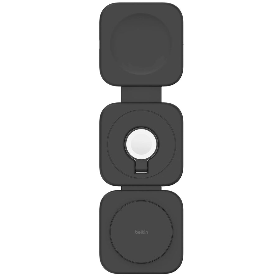 Belkin 3-in-1 Magnetic Wireless Charging Travel Pad with Qi2 15W Delivers 15W of fast wireless charging to your iPhone 16/15/14/13/12, 5W to your Apple Watch and 5W to your AirPods.