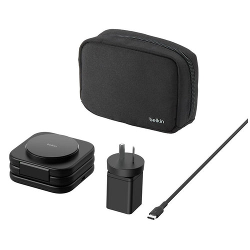 Belkin 3-in-1 Magnetic Wireless Charging Travel Pad with Qi2 15W Delivers 15W of fast wireless charging to your iPhone 16/15/14/13/12, 5W to your Apple Watch and 5W to your AirPods.
