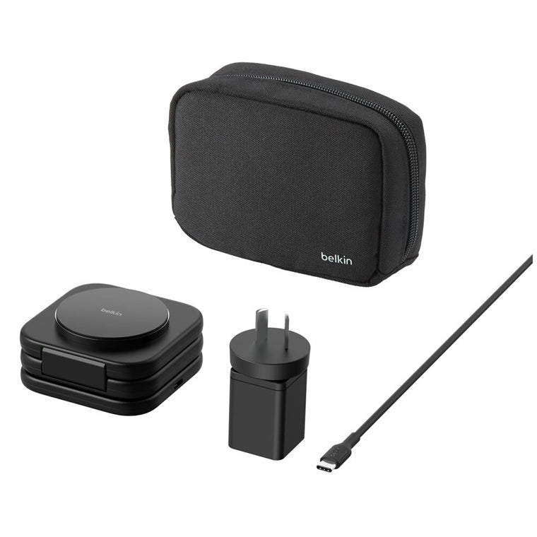 Belkin 3-in-1 Magnetic Wireless Charging Travel Pad with Qi2 15W Delivers 15W of fast wireless charging to your iPhone 16/15/14/13/12, 5W to your Apple Watch and 5W to your AirPods.