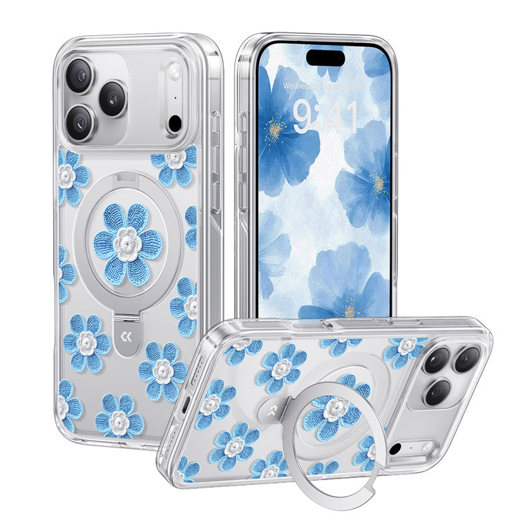 CASEKOO by TORRAS iPhone 17 Pro Max Magnetic Kickstand Case - Small Blue Flowers