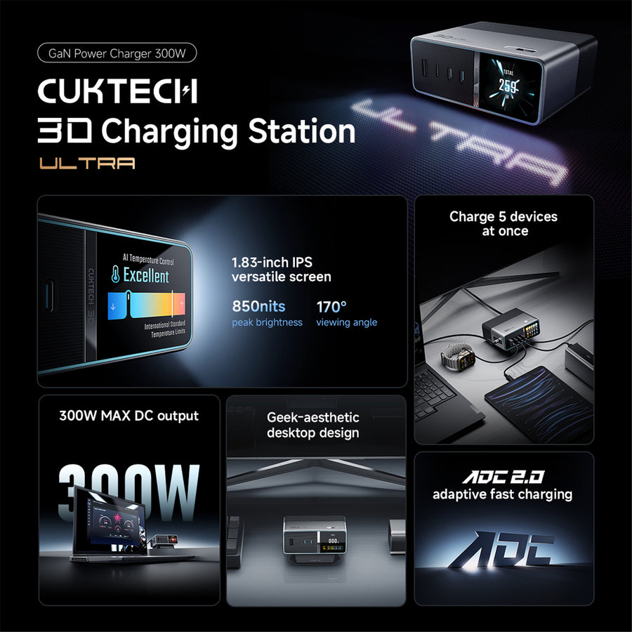 CUKTECH No.30 Ultra 300W DC Desktop Charging Station with 1.83i inch Smart Screen - Charge 5 Devices at Once - Compatible with Apple, Samsung, Xiaomi, HP, Dell, Lenovo, Asus