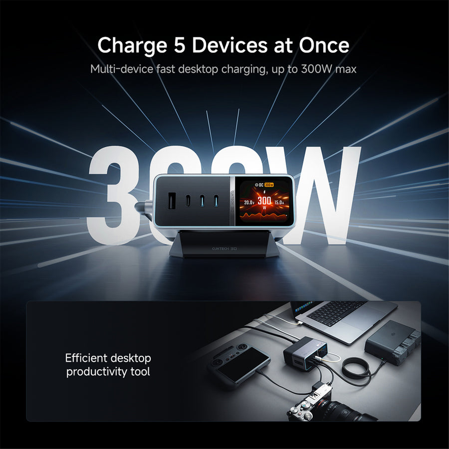 CUKTECH No.30 Ultra 300W DC Desktop Charging Station with 1.83i inch Smart Screen - Charge 5 Devices at Once - Compatible with Apple, Samsung, Xiaomi, HP, Dell, Lenovo, Asus