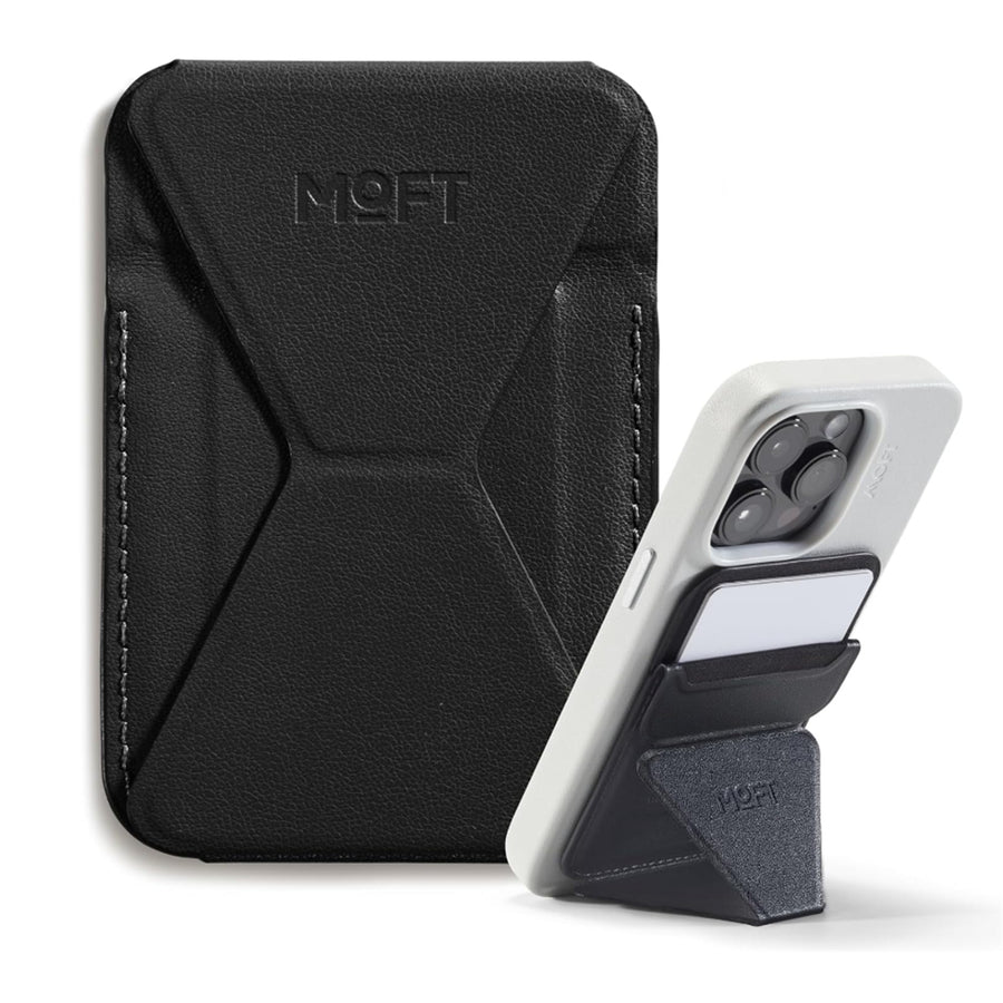 MOFT Snap-On iPhone Stand & Wallet - Jet Black - Slim Magnetic / MagSafe Compatible Card Holder with Adjustable Multi-Angle Phone Stand, MOVAS Vegan Leather, Foldable Design
