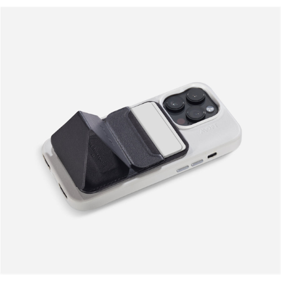 MOFT Snap-On iPhone Stand & Wallet - Jet Black - Slim Magnetic / MagSafe Compatible Card Holder with Adjustable Multi-Angle Phone Stand, MOVAS Vegan Leather, Foldable Design