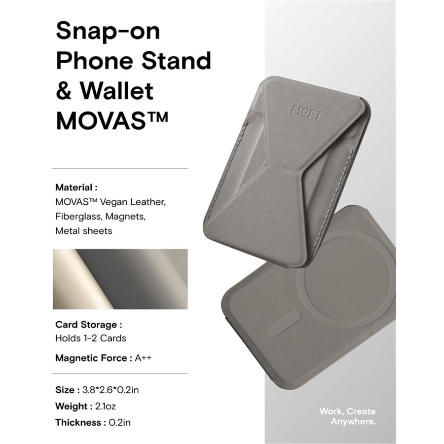 MOFT Snap-On iPhone Stand & Wallet - Taupe - Slim Magnetic / MagSafe Compatible Card Holder with Adjustable Multi-Angle Phone Stand, MOVAS Vegan Leather, Foldable Design