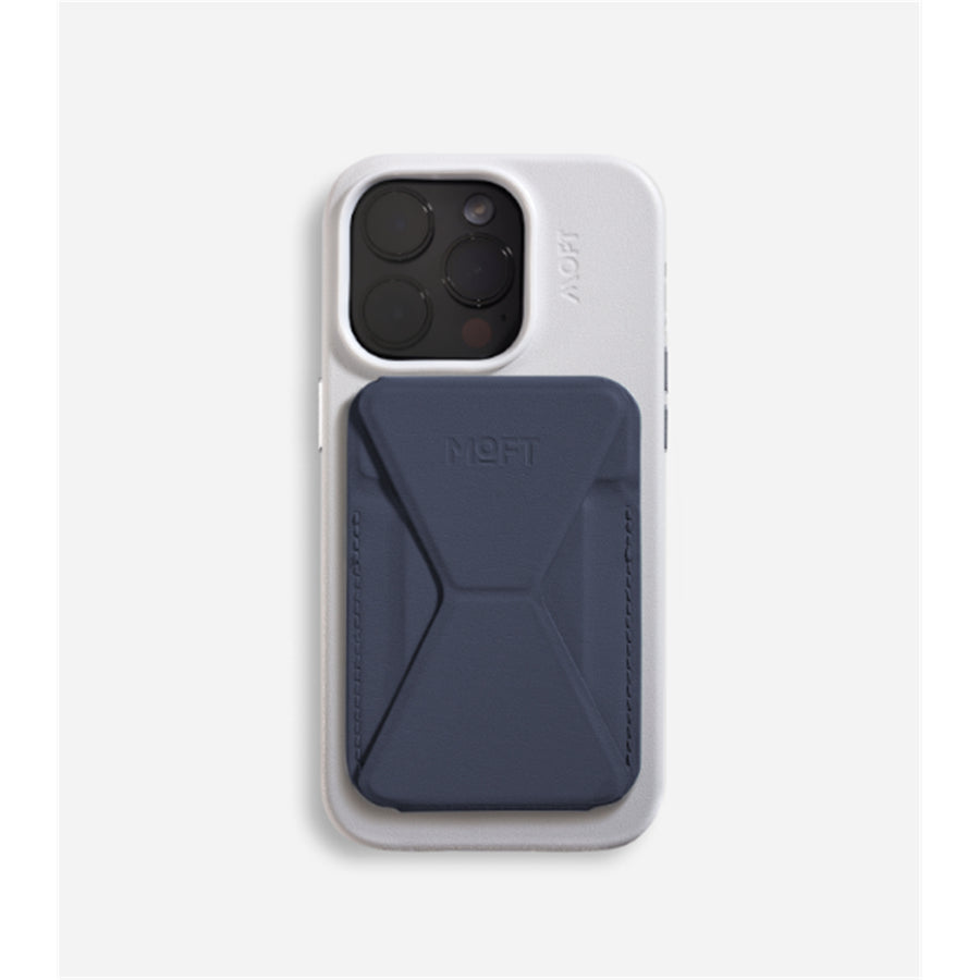 MOFT Snap-On iPhone Stand & Wallet - Navy Blue - Slim Magnetic / MagSafe Compatible Card Holder with Adjustable Multi-Angle Phone Stand, MOVAS Vegan Leather, Foldable Design