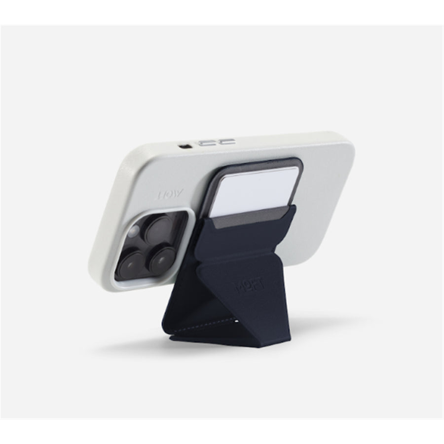 MOFT Snap-On iPhone Stand & Wallet - Navy Blue - Slim Magnetic / MagSafe Compatible Card Holder with Adjustable Multi-Angle Phone Stand, MOVAS Vegan Leather, Foldable Design
