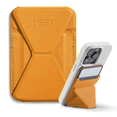 MOFT Snap-On iPhone Stand & Wallet - Orange - Slim Magnetic / MagSafe Compatible Card Holder with Adjustable Multi-Angle Phone Stand, MOVAS Vegan Leather, Foldable Design