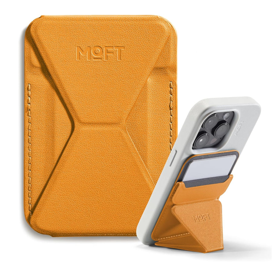 MOFT Snap-On iPhone Stand & Wallet - Orange - Slim Magnetic / MagSafe Compatible Card Holder with Adjustable Multi-Angle Phone Stand, MOVAS Vegan Leather, Foldable Design