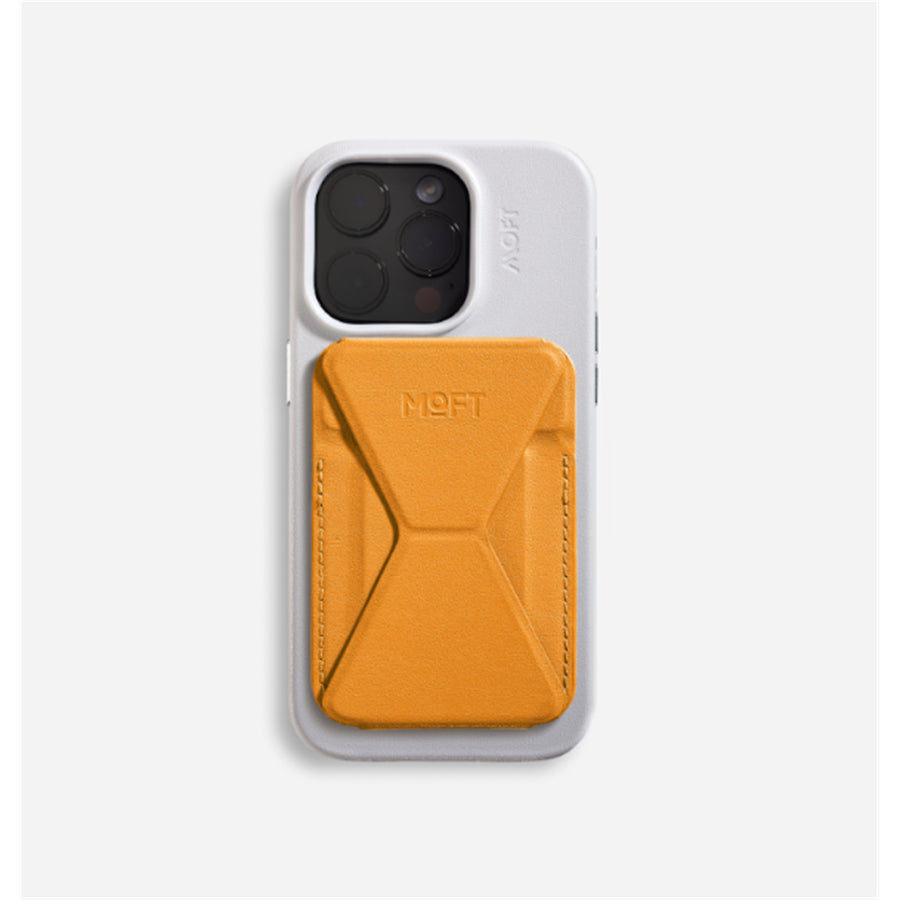 MOFT Snap-On iPhone Stand & Wallet - Orange - Slim Magnetic / MagSafe Compatible Card Holder with Adjustable Multi-Angle Phone Stand, MOVAS Vegan Leather, Foldable Design