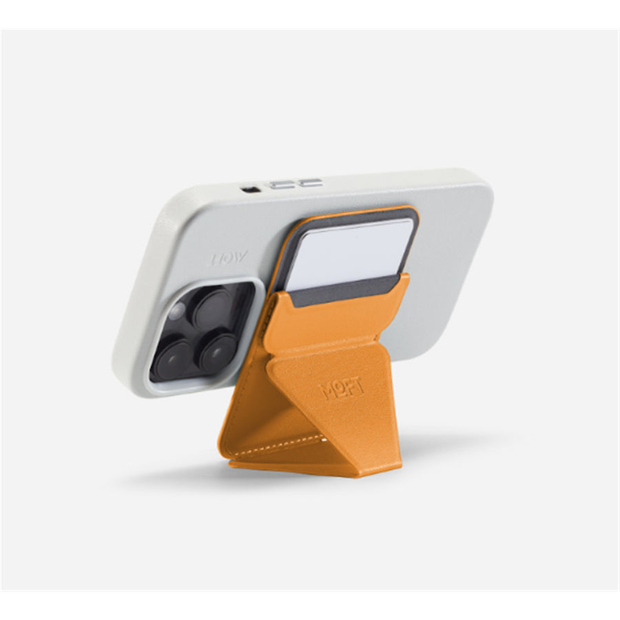 MOFT Snap-On iPhone Stand & Wallet - Orange - Slim Magnetic / MagSafe Compatible Card Holder with Adjustable Multi-Angle Phone Stand, MOVAS Vegan Leather, Foldable Design