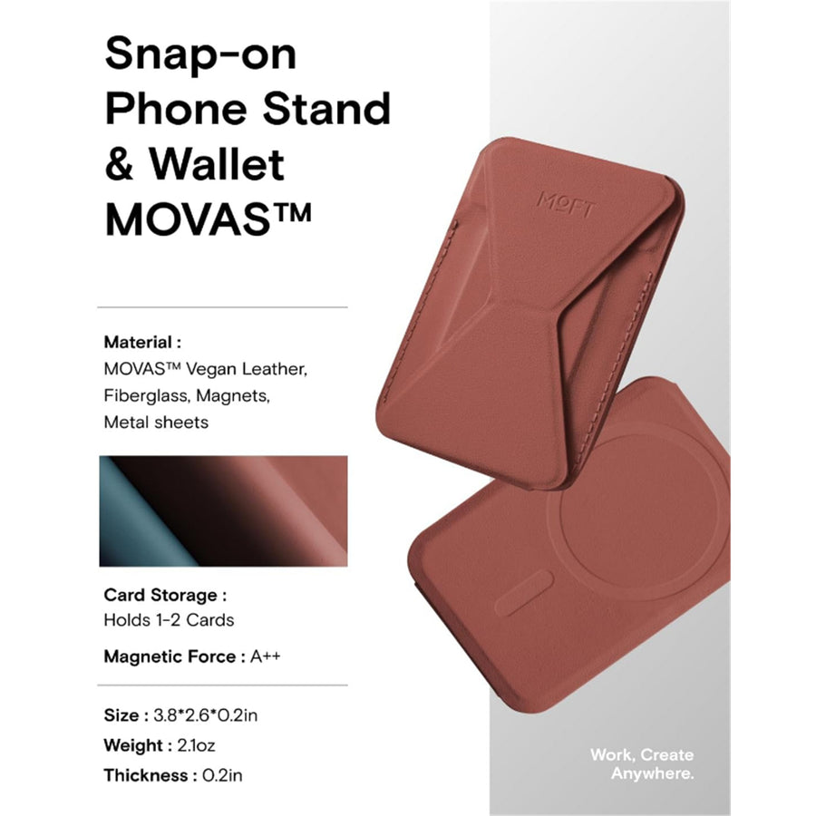 MOFT Snap-On iPhone Stand & Wallet - Sienna Brown - Slim Magnetic / MagSafe Compatible Card Holder with Adjustable Multi-Angle Phone Stand, MOVAS Vegan Leather, Foldable Design