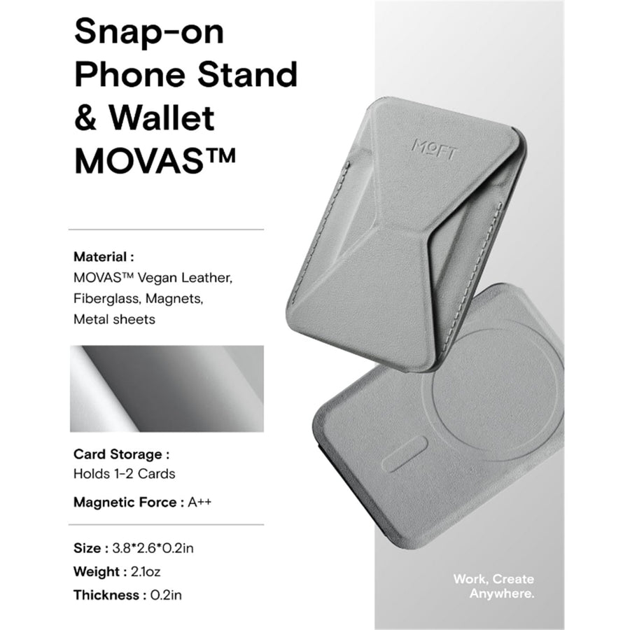 MOFT Snap-On iPhone Stand & Wallet - Cement - Slim Magnetic / MagSafe Compatible Card Holder with Adjustable Multi-Angle Phone Stand, MOVAS Vegan Leather, Foldable Design