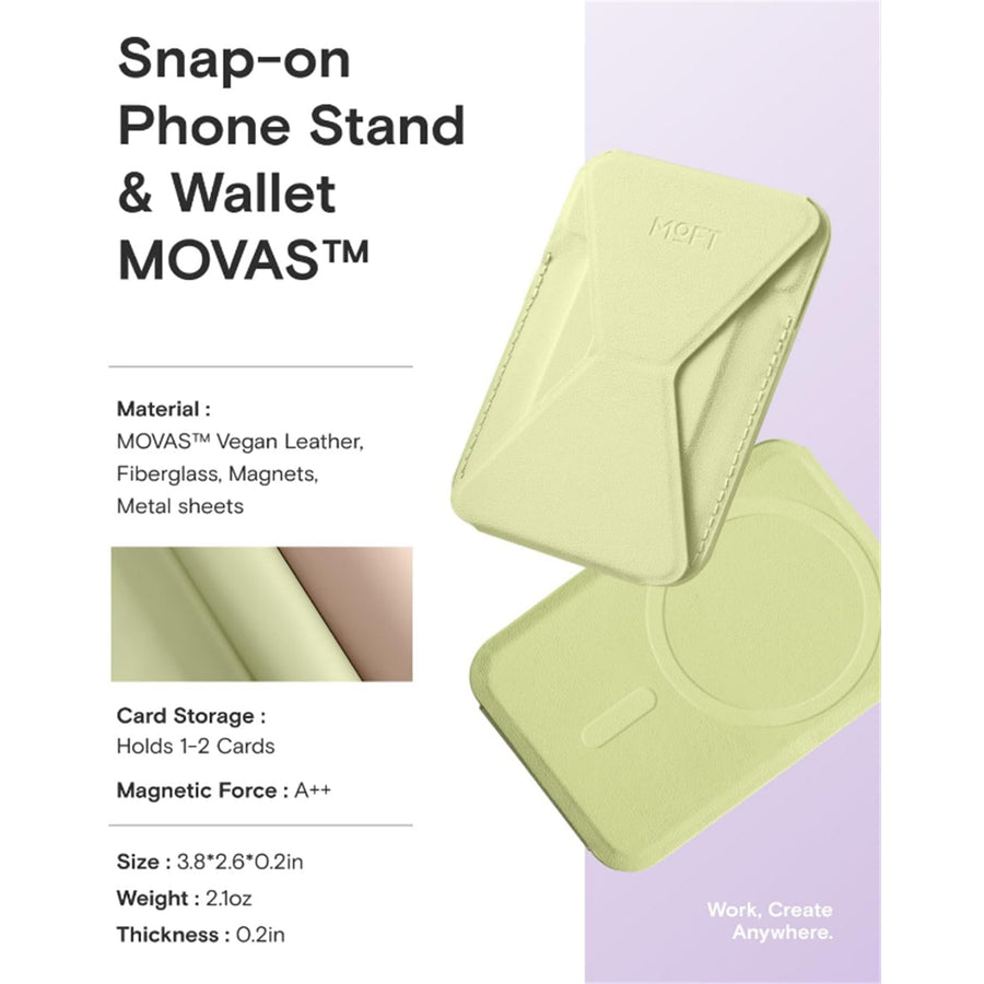 MOFT Snap-On iPhone Stand & Wallet - Soft Avocado - Slim Magnetic / MagSafe Compatible Card Holder with Adjustable Multi-Angle Phone Stand, MOVAS Vegan Leather, Foldable Design