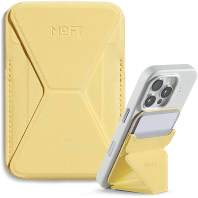 MOFT Snap-On iPhone Stand & Wallet - Wonder Yellow - Slim Magnetic / MagSafe Compatible Card Holder with Adjustable Multi-Angle Phone Stand, MOVAS Vegan Leather, Foldable Design