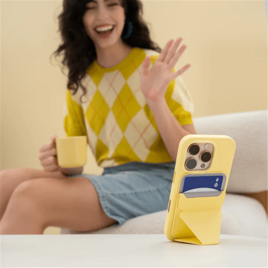 MOFT Snap-On iPhone Stand & Wallet - Wonder Yellow - Slim Magnetic / MagSafe Compatible Card Holder with Adjustable Multi-Angle Phone Stand, MOVAS Vegan Leather, Foldable Design